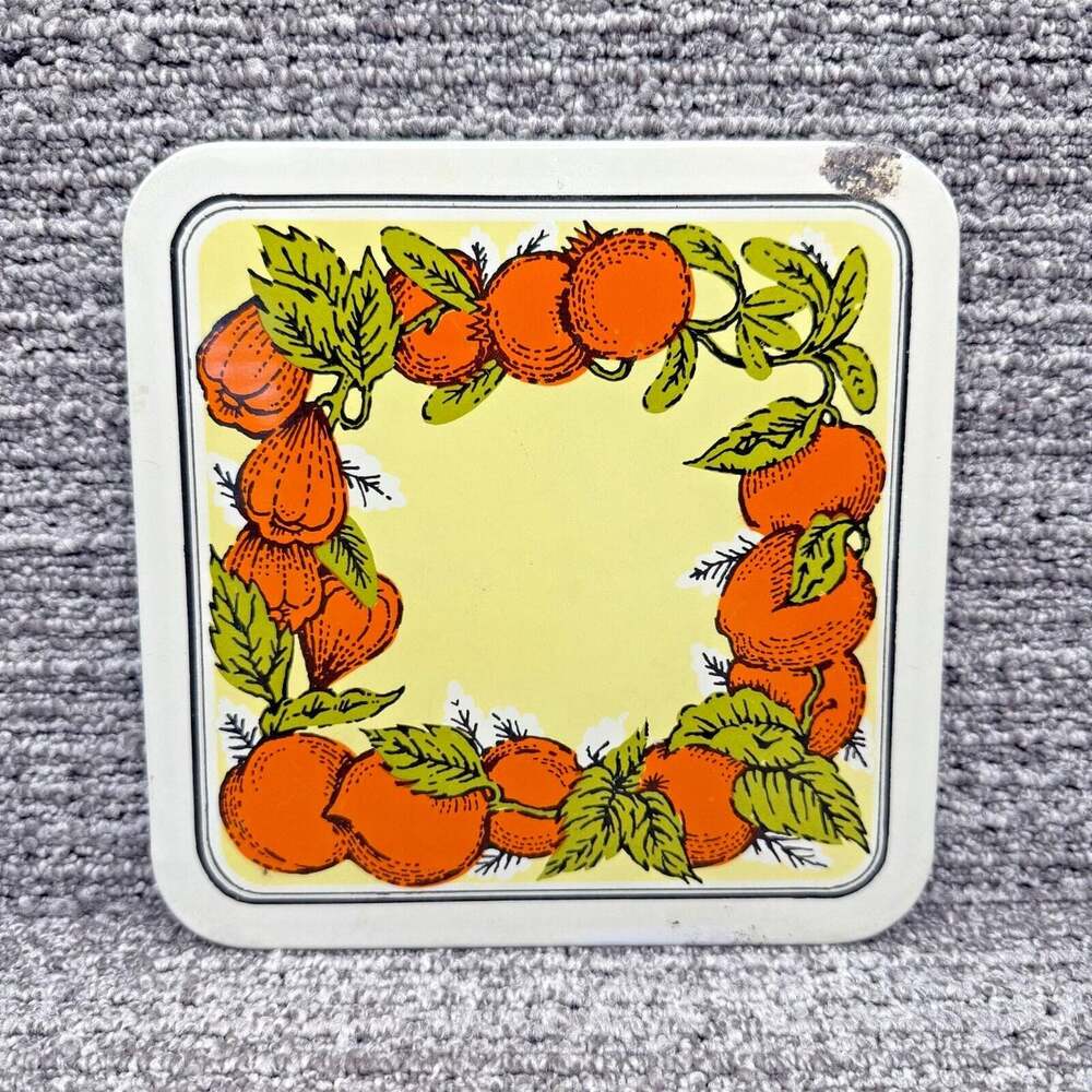 Cheinco Trivet RETRO Thin Metal Insulted Oranges Leaves Flowers Fruit 1970's